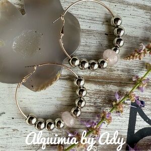 ROSE QUARTZ BEADED BALL CHARM HOOPS